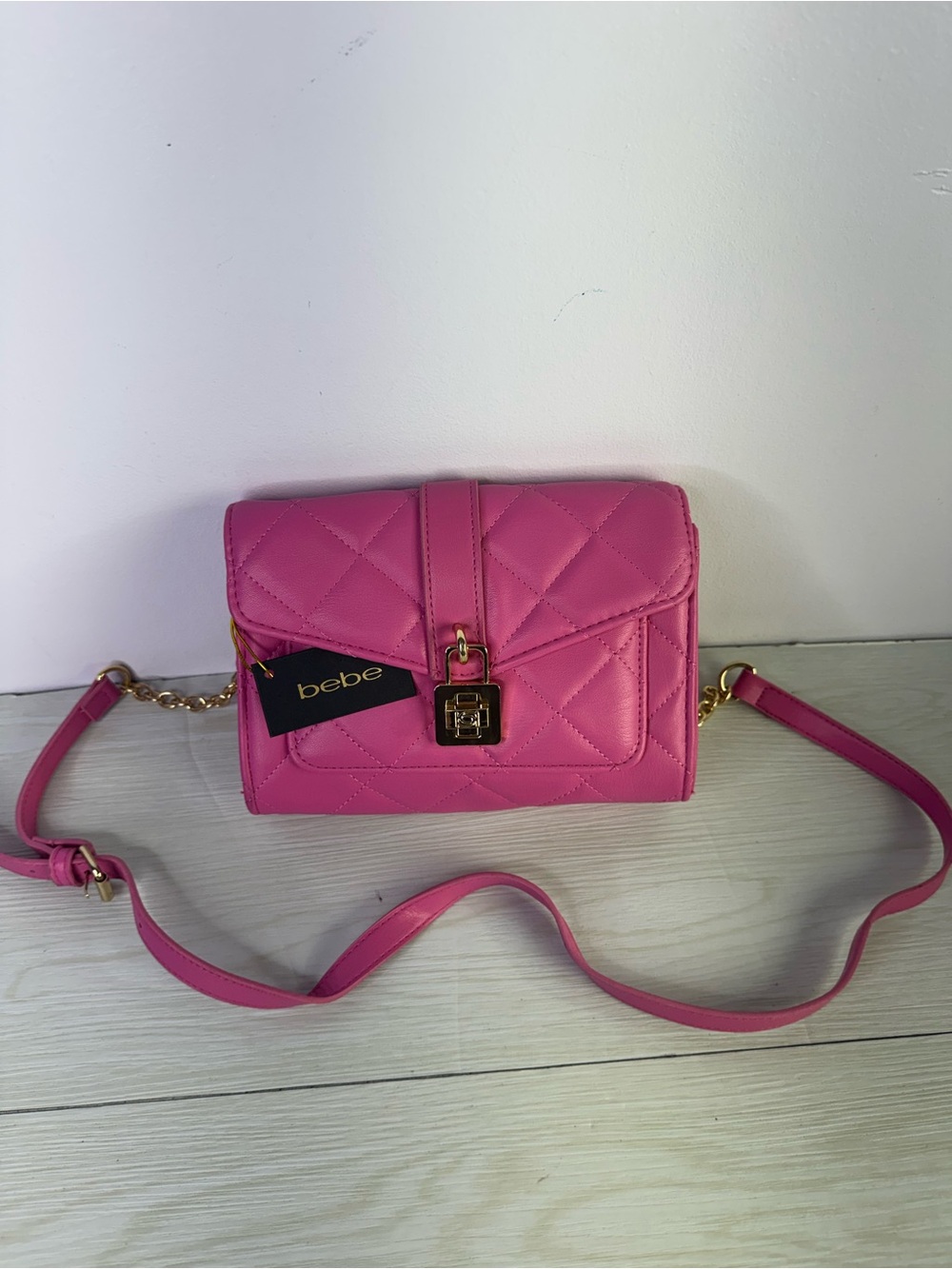Bebe Quilted Pink Crossbody Shoulder Bag with Gold Chain